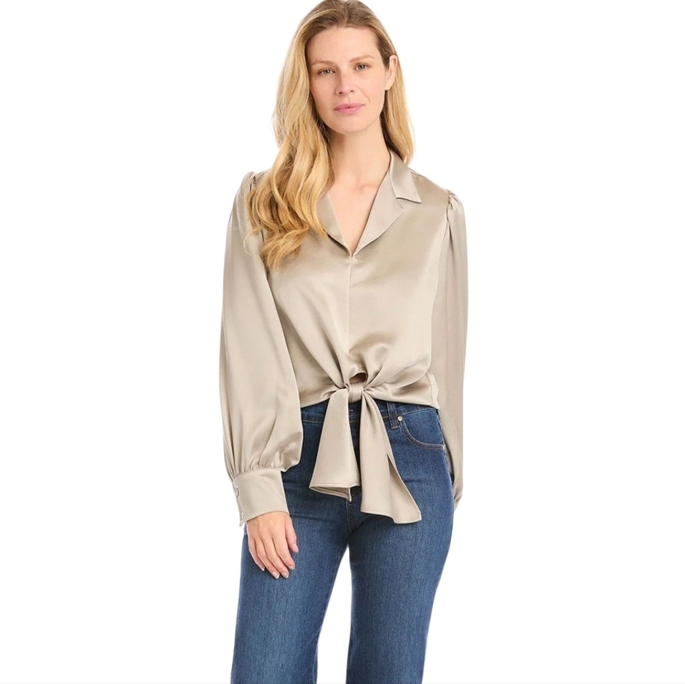 Karen Kane Satin Tie Front Blouse XL Taupe Quiet Luxury Workwear
